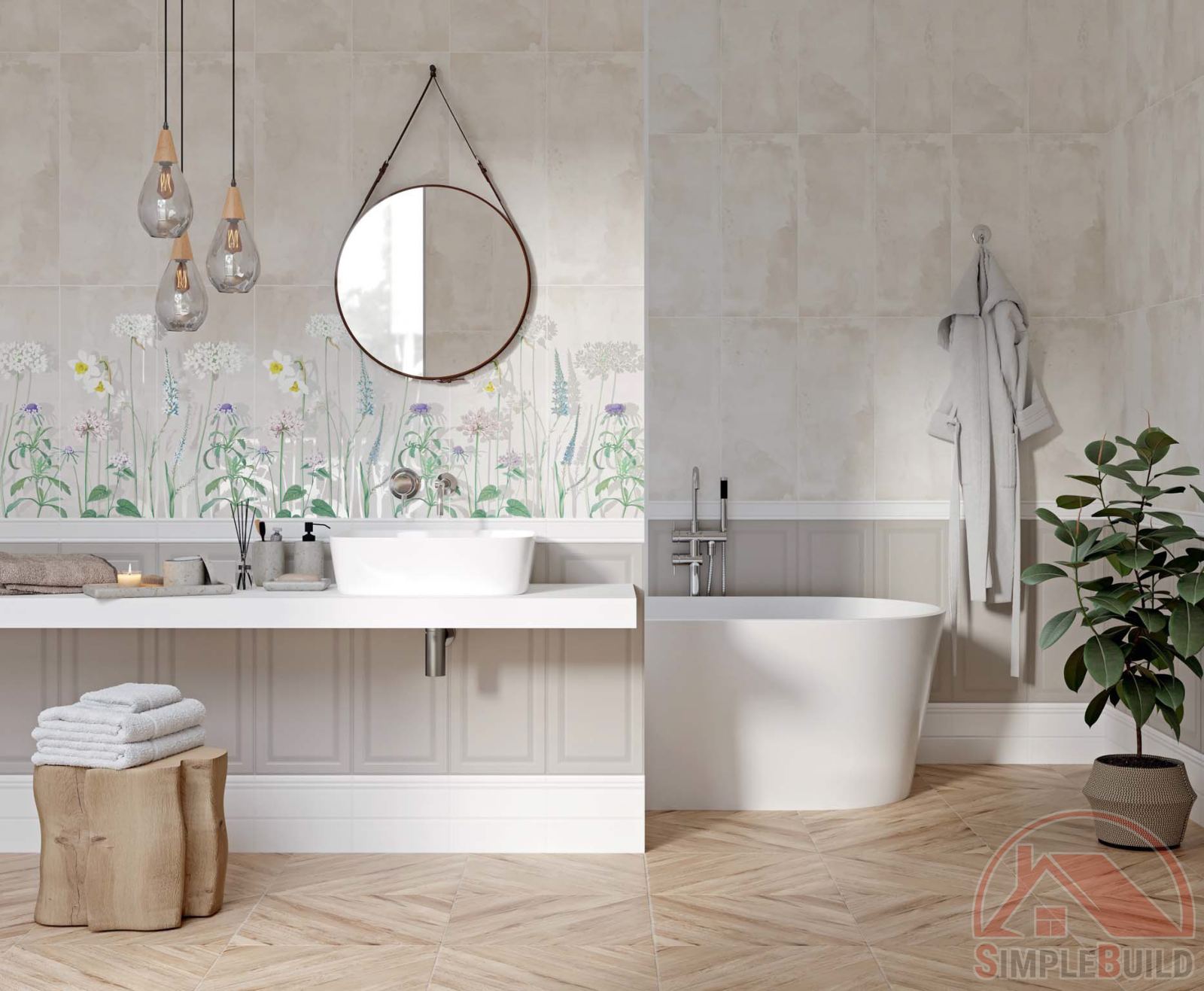 Керамогранит бежевый Лигнум «Gracia Ceramica» на полах ванной комнаты
