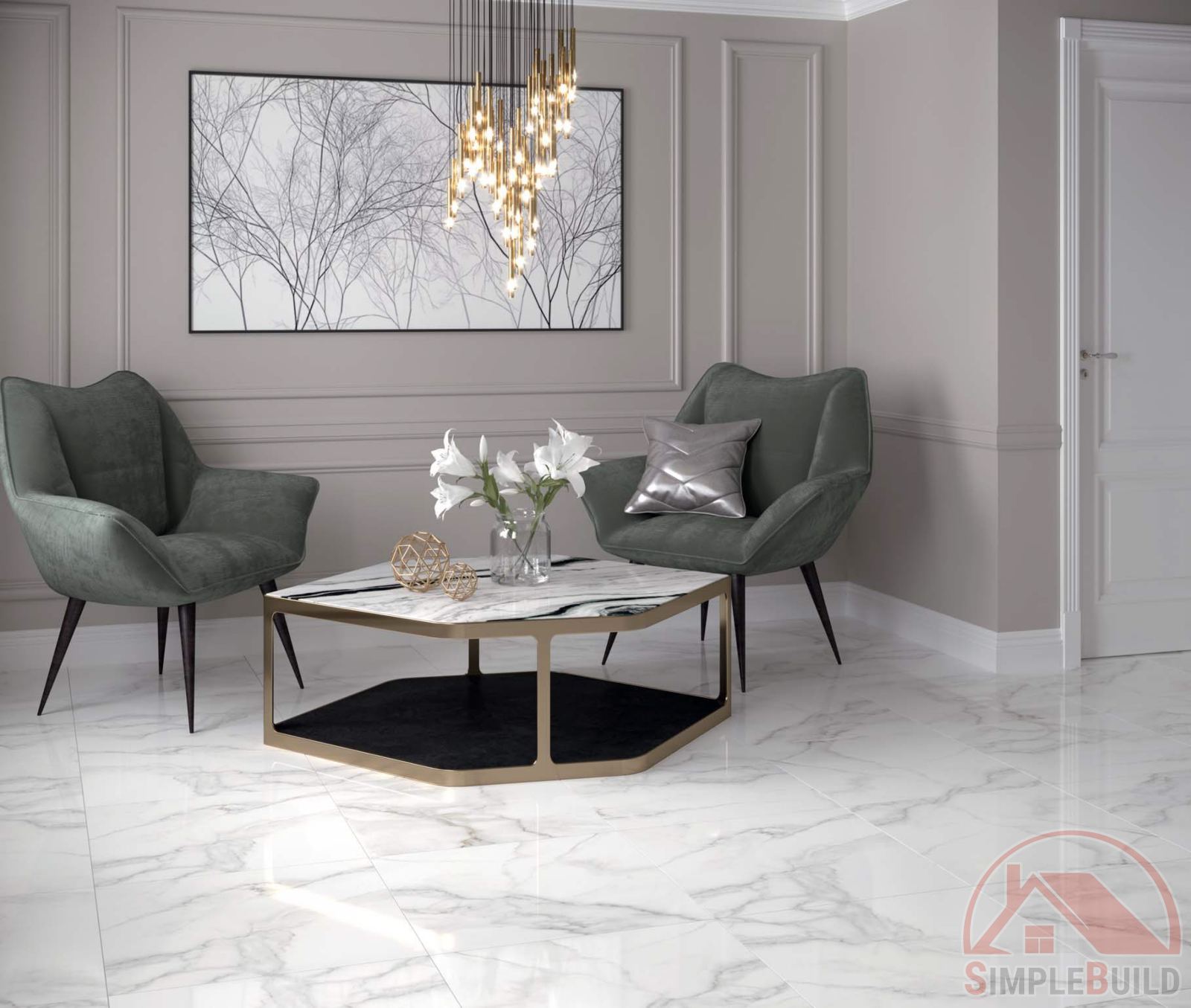 Керамогранит Каррара премиум белая «Gracia Ceramica» в минималистичном интерьере