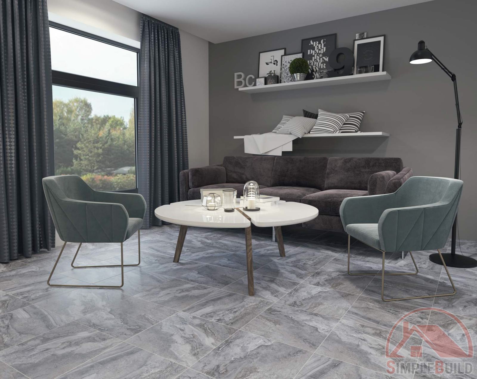 Керамогранит Вольтерра серая «Gracia Ceramica» в интерьере гостиной
