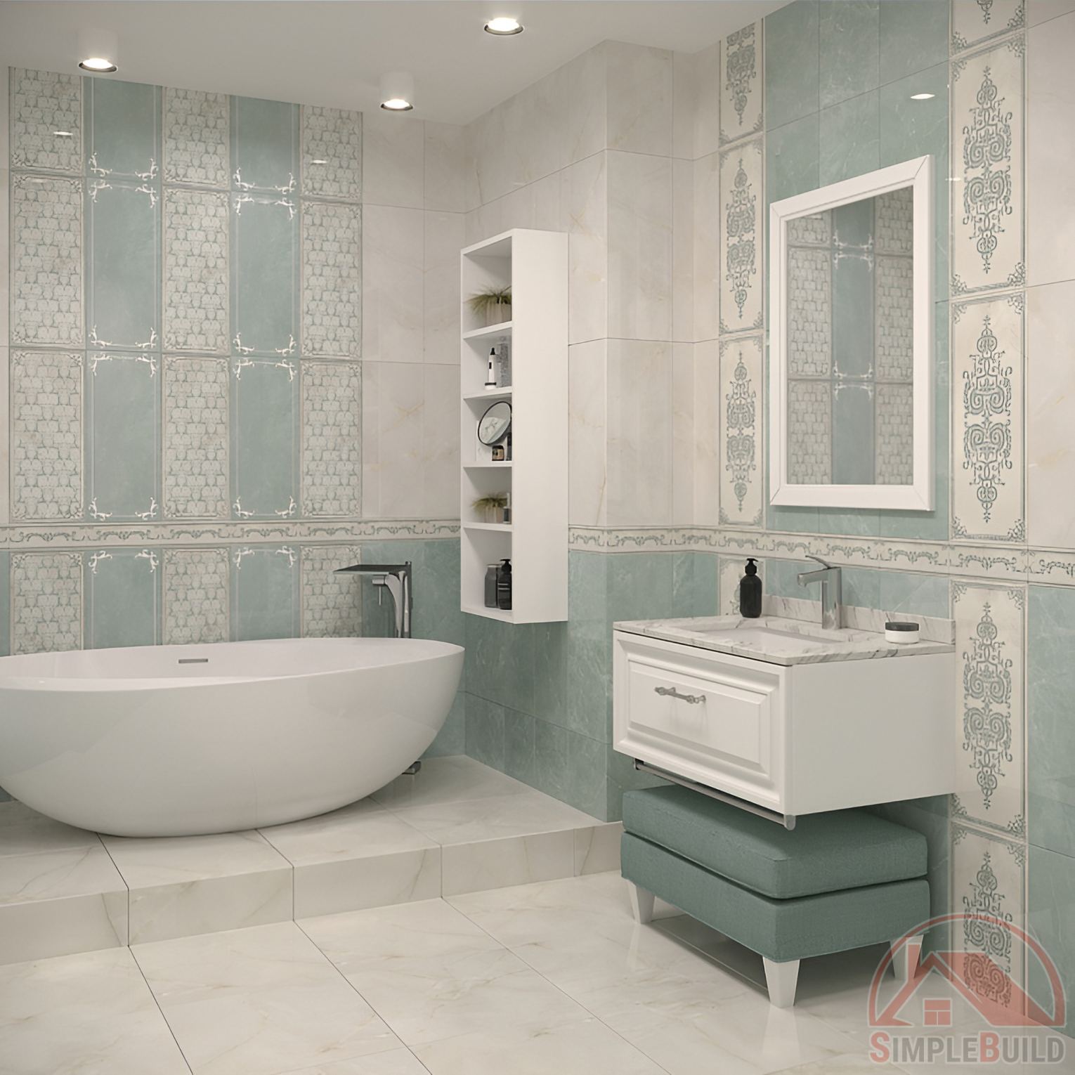Керамогранит Висконти светло-бежевый «Gracia Ceramica» в зелёном интерьере
