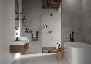 Керамогранит Терраццо серый матовый от «Gracia Ceramica» в интерьере ванной