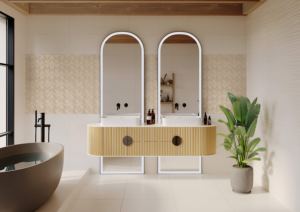Керамогранит светло-бежевый Сэндстоун «Gracia Ceramica» в интерьере просторной ванной